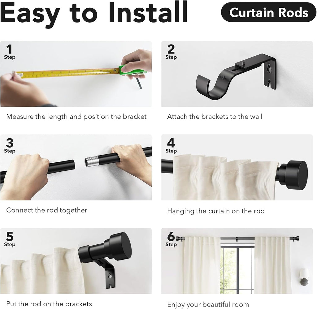 Heavy Duty Curtain Rods for Windows 66 to 120 Inch,1 Inch Adjustable Black Curtain Rod with Easy Installation and