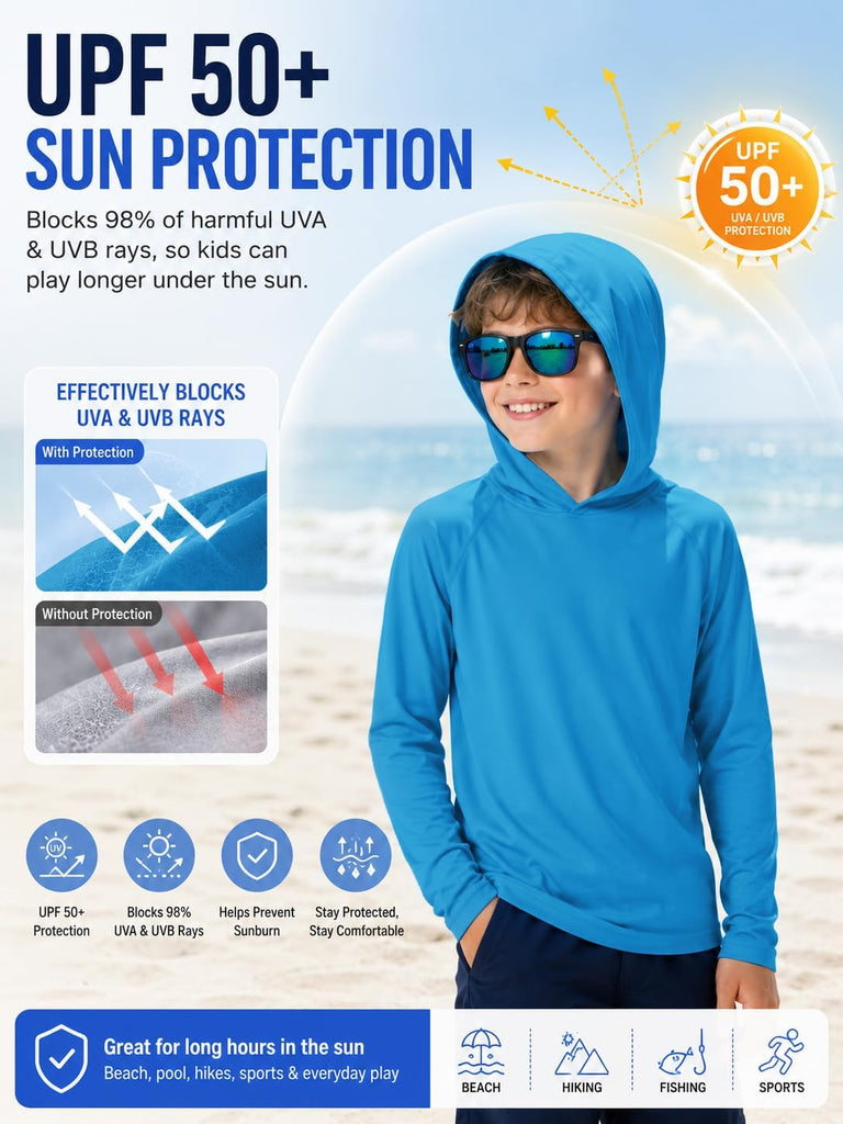 3 Pack Rash Guard for Boys Girls Long Sleeve Hooded Swim Shirt Kids UPF50+ Sun Protection Fishing Shirt