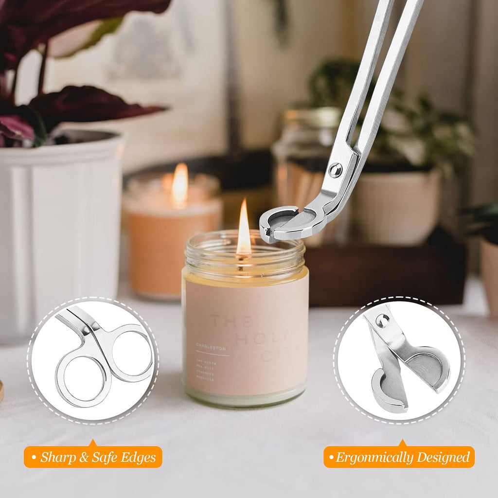 Candle Accessory Set with Rechargeable Electric Lighter, Storage Tray, Wick Trimmer, Snuffer, Dipper - Stainless - Set of 5