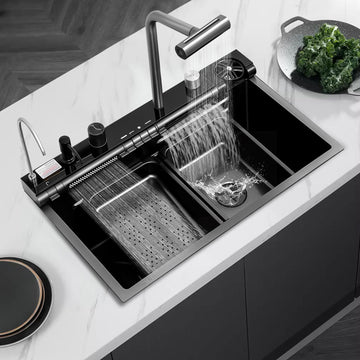 30in Black Drop Sink Multifunctional Digital Display Smart Drop Sink Honeycomb Nano Modern Kitchen Sinks with Cutting
