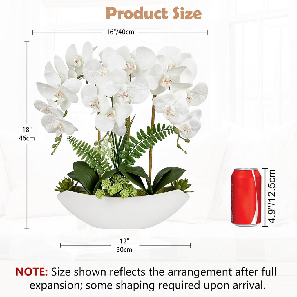Orchid Artificial Flowers 18in White Fake Orchid Silk Flowers with Ceramic Pot Faux Orchid Arrangement Room Coffee