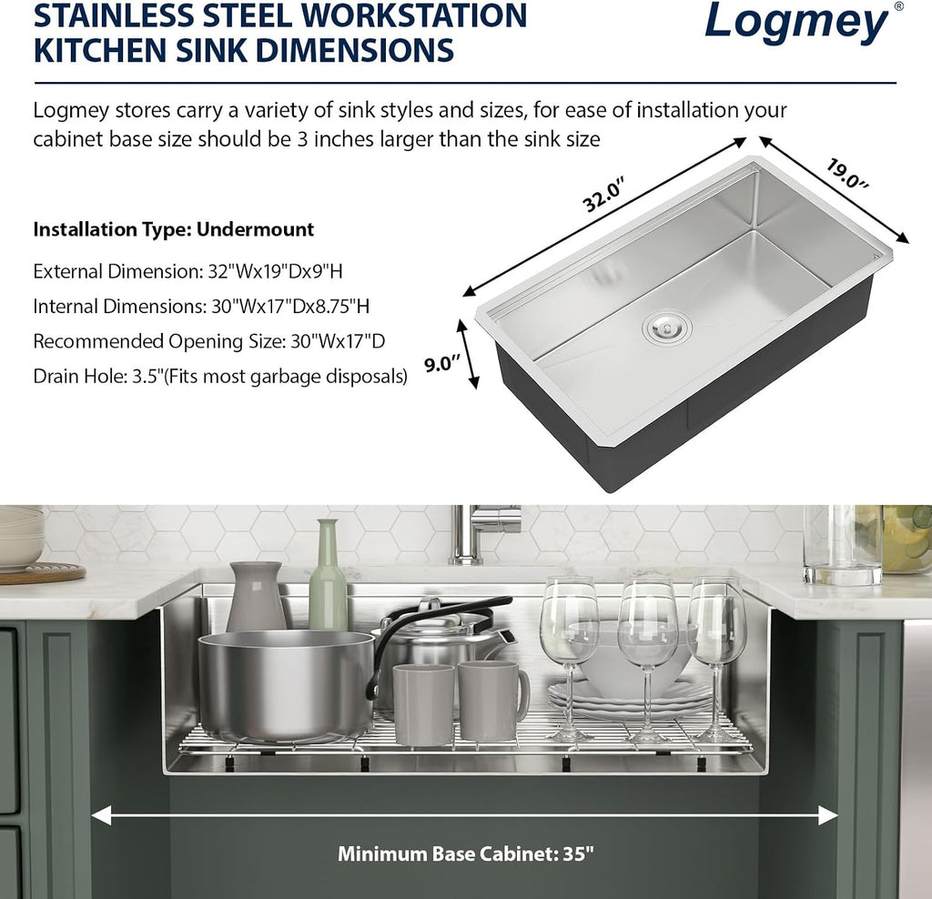 32x19 Undermount Kitchen Sink All in One Workstation 16 Gauge SUS304 Stainless Steel Single Bowl 9" Deep Handmade