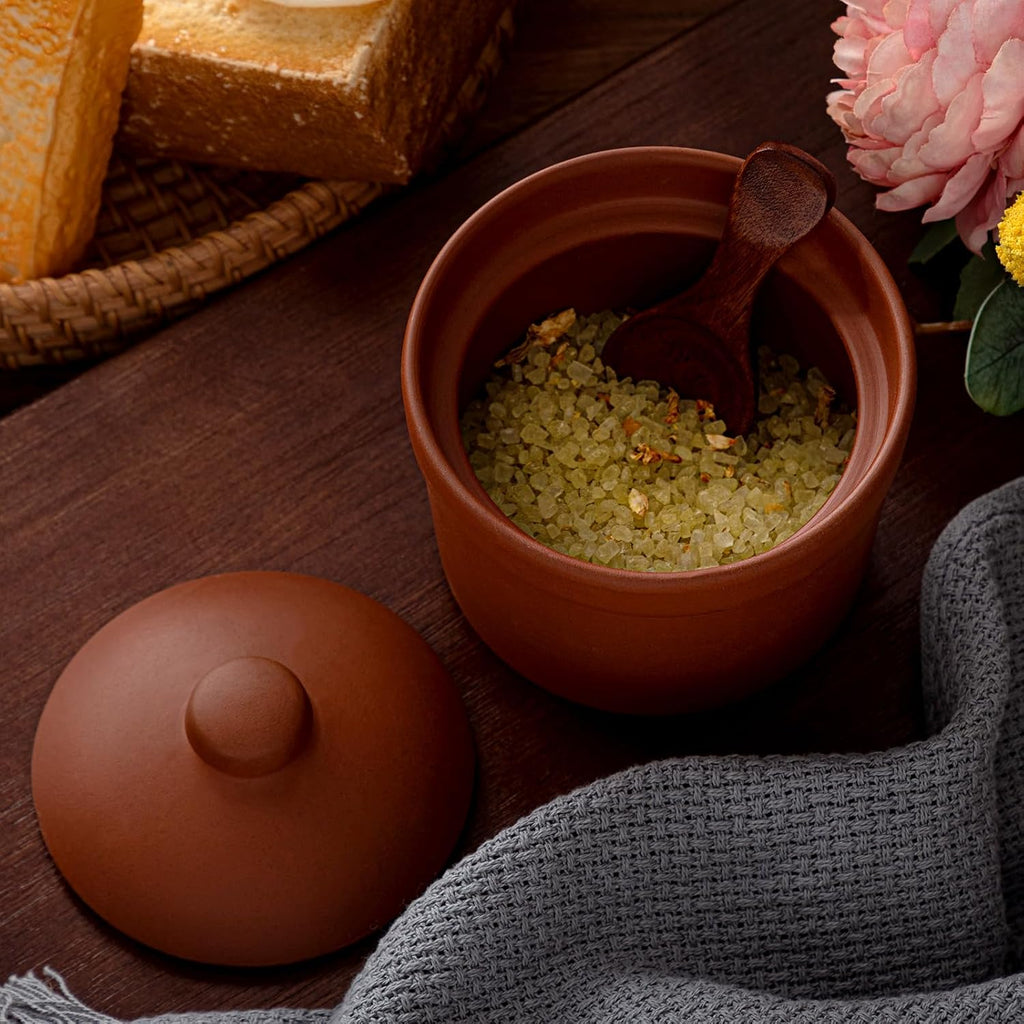 Salt Cellar with Lid and Wooden Spoon, 8 oz, Handcrafted Zisha Clay Salt Container Heavyweight Spices Jar - Set of 2