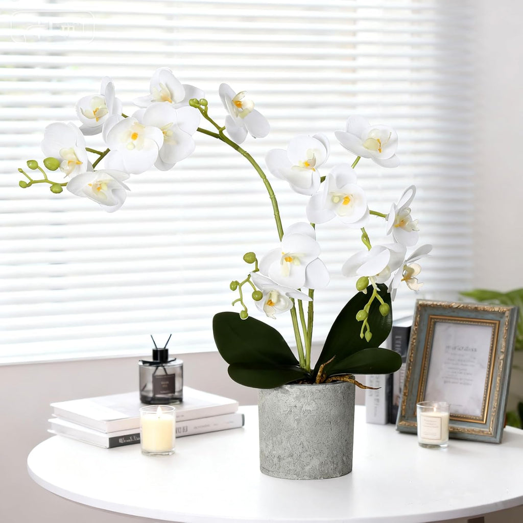 Fake Orchids Flowers in Pot 15.7 Inch Faux Orchids Artificial Floral Phalaenopsis with Vase Orchid Phalaenopsis - Set of 2