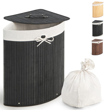 Corner Bamboo Laundry Hamper with Lid and Removable Liner, Washing Clothes Basket Storage Bin with Handle, Suitable