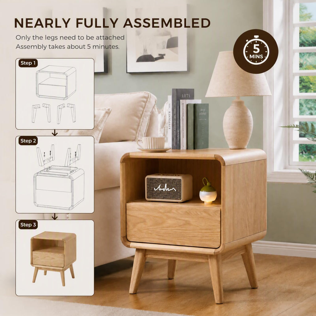 Solid Oak Wood Nightstand with Drawer & Open Shelf, Small