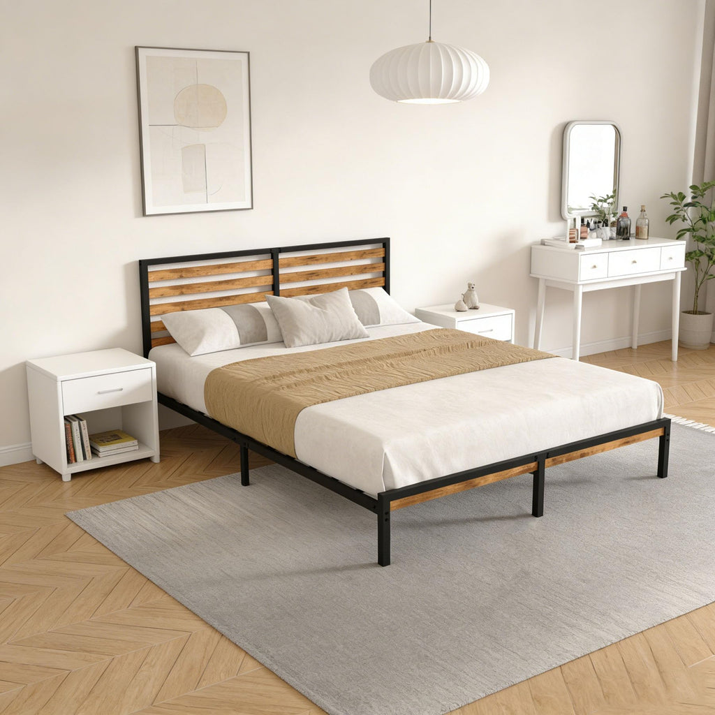 Brown+Black Industrial Metal Bed Frame Queen with Rustic Wood Headboard