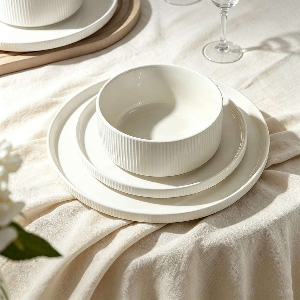 Stoneware Dinnerware Sets for 4, 12Pcs Plates and Bowls Set, Cream White