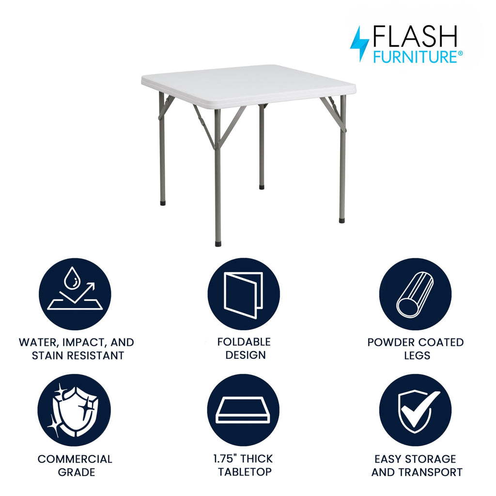 Elon Square Plastic Folding Table, Portable Dining Card Table for 4 People, Indoor-Outdoor Use, 34.25", Granite White