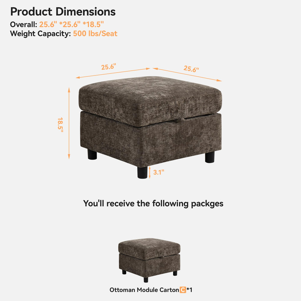 Modular Sectional Couch with Storage, 25'' Storage Sofa Ottoman, Brown