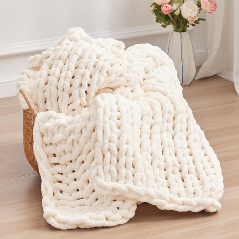 Chunky Knit Throw Blanket, 50''*60'' Knitted Throw Chenille Yarn, Handmade Cream Crochet Big Thick Blanket, Machine