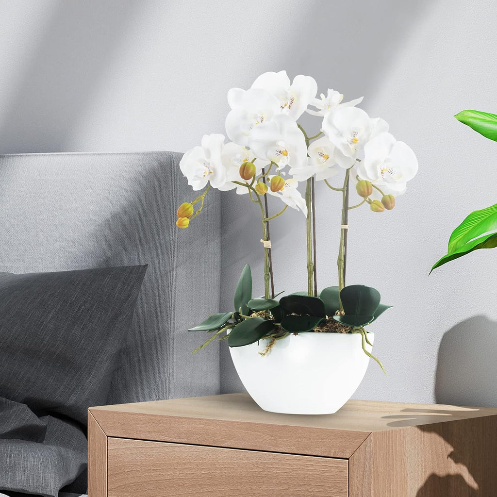 Artificial Orchid Flowers Potted in Ceramic Pot, White Faux Phalaenopsis Orchids for Table Centerpiece, Realistic