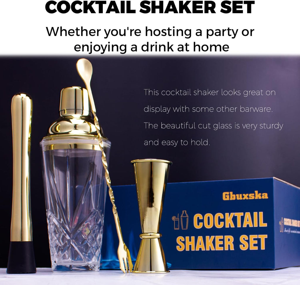 Cocktail Shaker Set - Glass Mixed Drink Shakers Cocktail Set, Martini Shaker with Strainer for Bars, Whiskey - Set of 4
