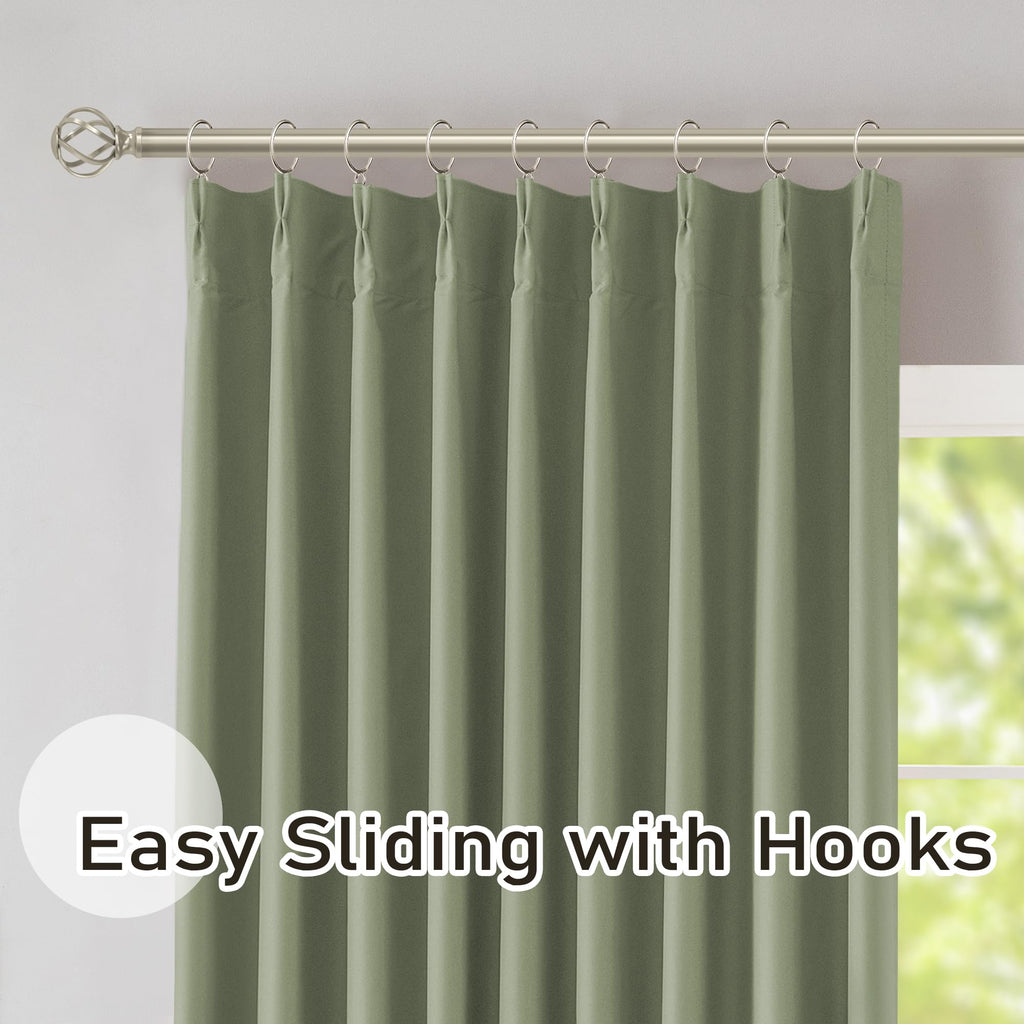 Sage Green 60 inch Wide Pinch Pleated Blackout Curtains with Hooks - 95 inch Length Room Darkening Thermal Insulated