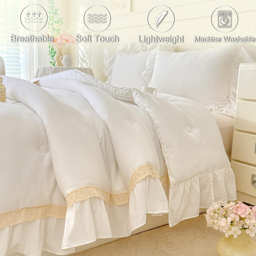 Ruffle Comforter Set 3 Piece - White Boho Farmhouse Bedding with Lace Trim & Pintuck Details (80"x90")