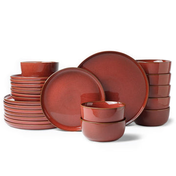 Stoneware Dinnerware Sets for 8, Reactive Glaze, Red
