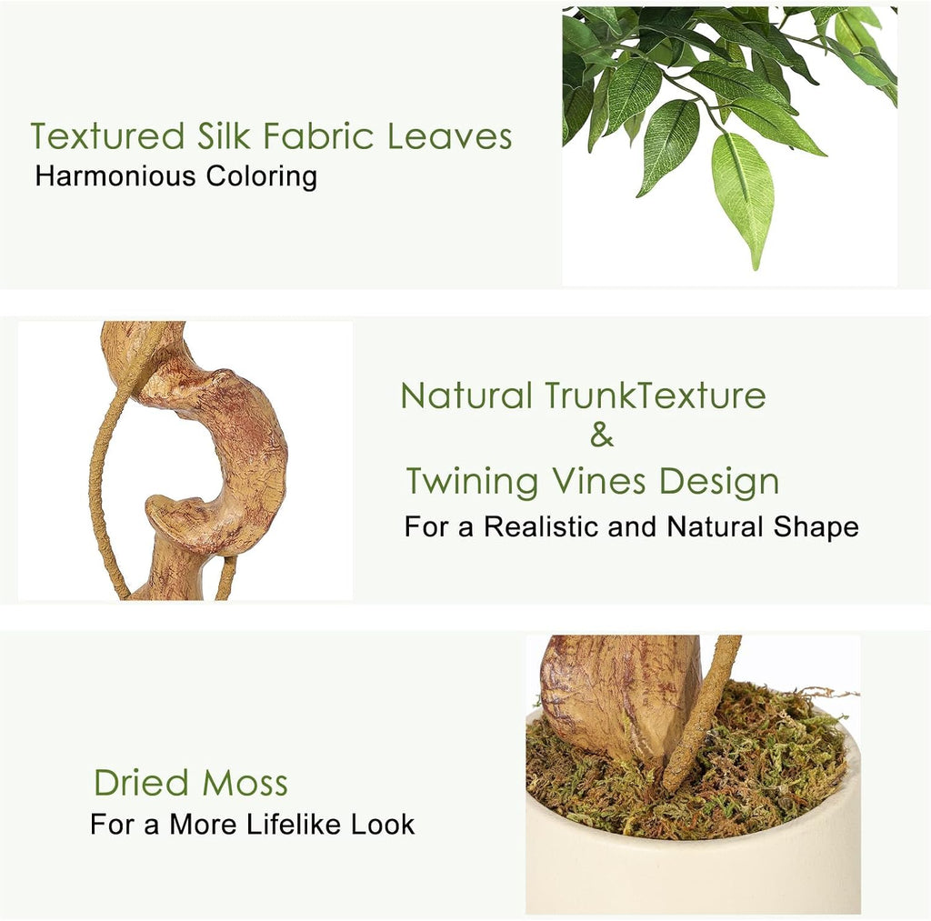5FT Artificial Ficus Tree, 1449 Silk Leaves with Curved Natural-Look Trunk, Faux Tree in White Planter Pot with Real