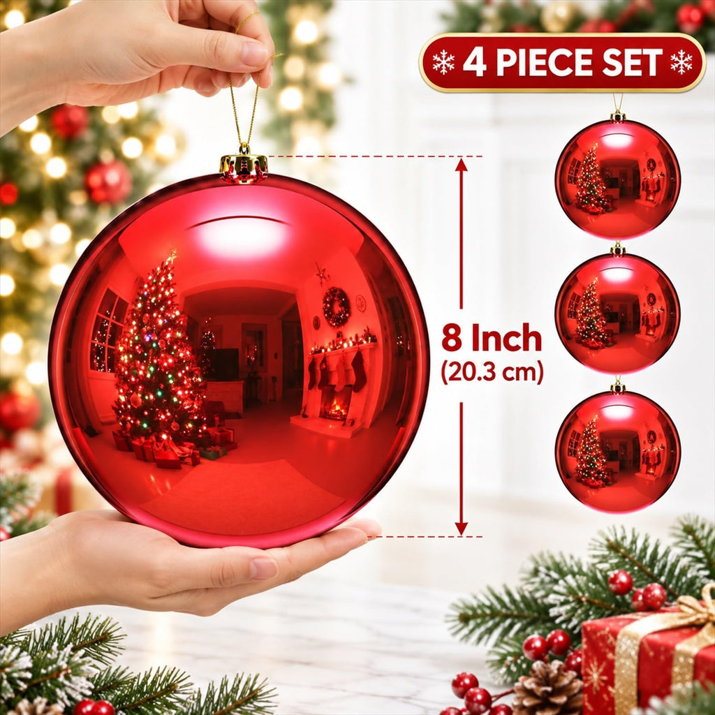 8" 4 Pcs Large Christmas Ornaments Ball, Shiny Red