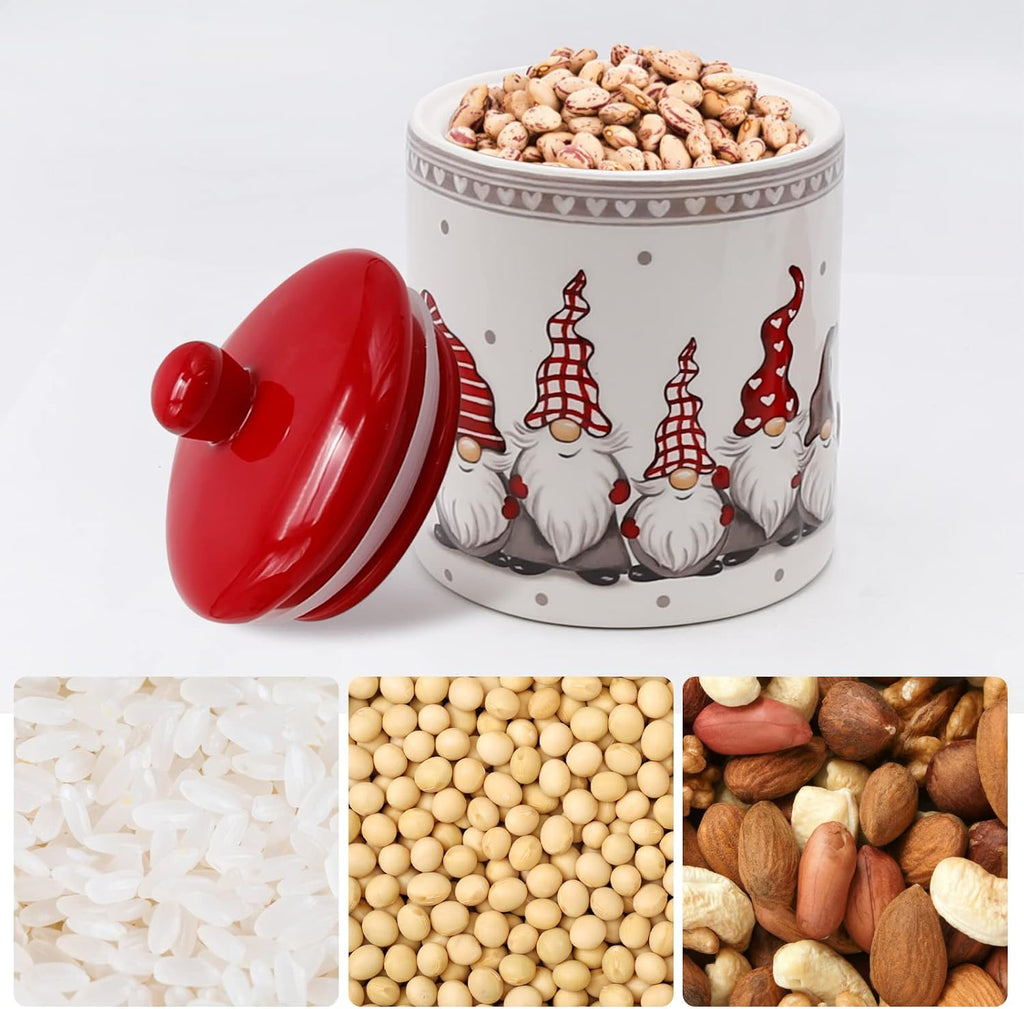 Christmas Cookie Jar, Red & White Ceramic Canister with Lid