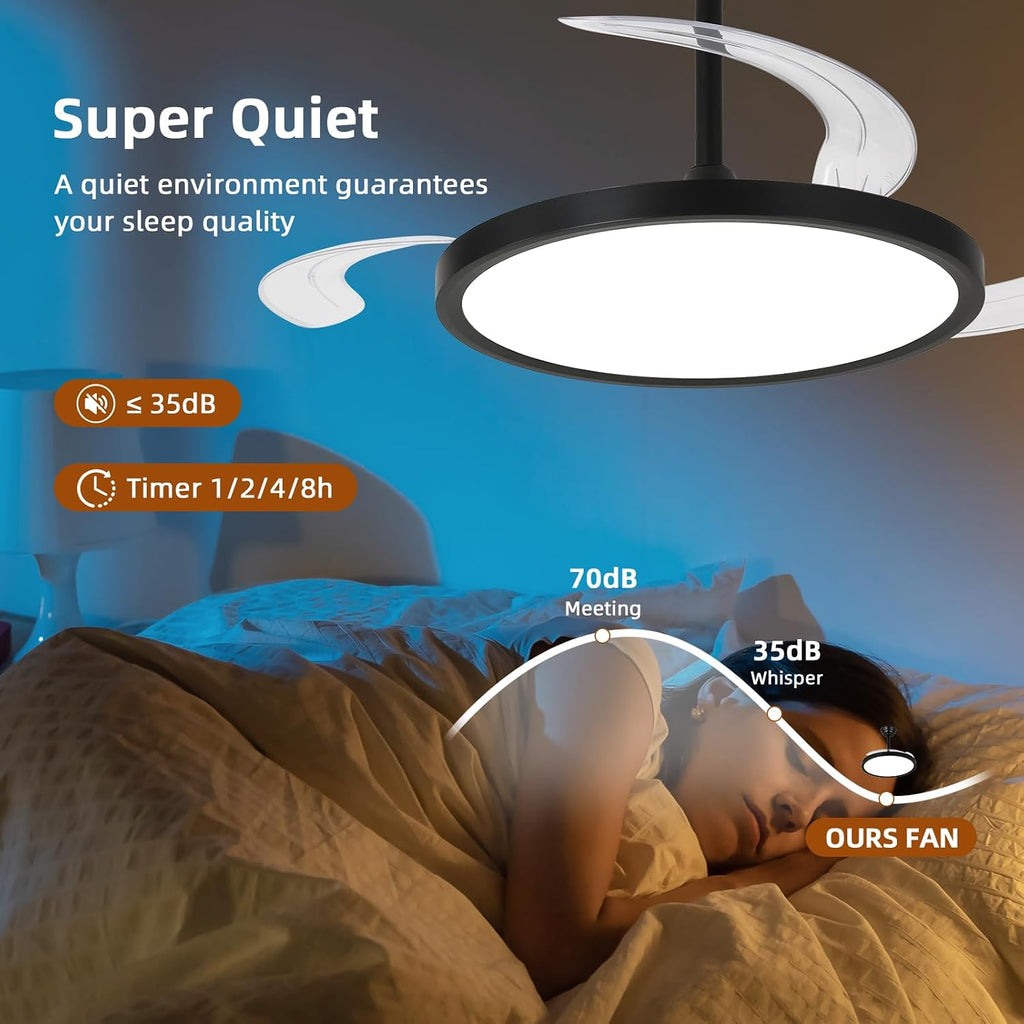 42 inch Retractable Ceiling Fan with Lights,6 Speed Dimmable Silent Fan,Modern Ceiling Fan with Light Remote Control