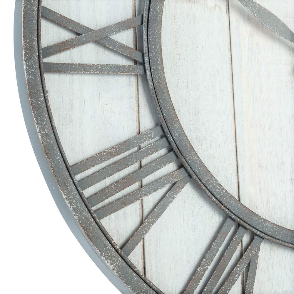 Farmhouse Metal & Solid Wood Noiseless Wall Clock (Whitewash, 24-inch)