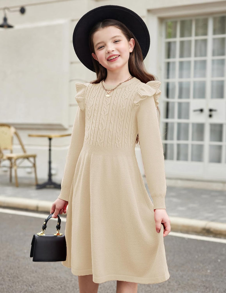 Girls Sweater Dress Fall Winter Long Sleeve Cable Knit Dresses