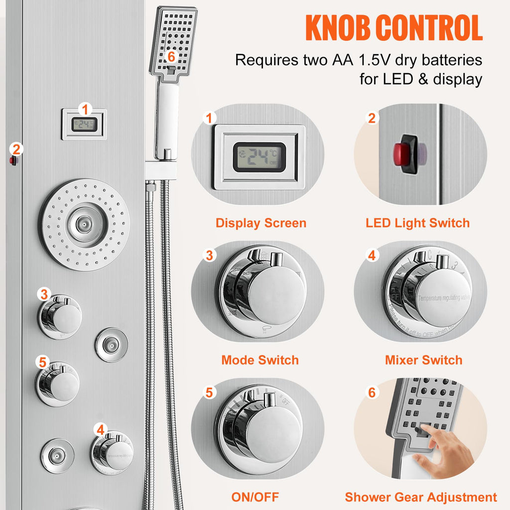 Shower Panel Tower System, 6 Shower Modes, LED & Display Shower Panel, Rainfall, Waterfall, 4 Body Massage Jets, Tub