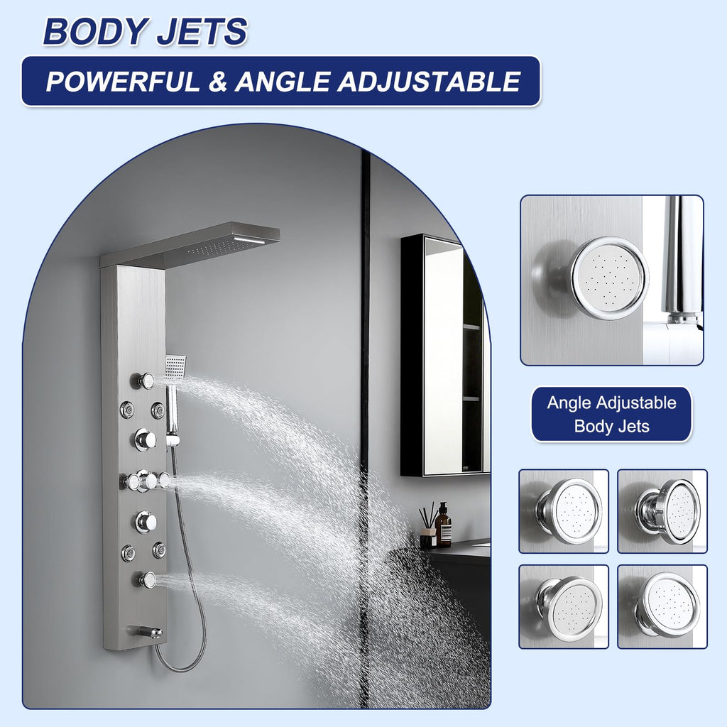 6 in 1 Rainfall Waterfall Shower Panel Tower System, Brushed