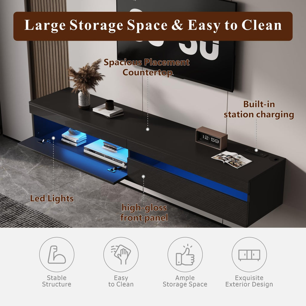 Solid Wood Floating TV Stand with LED Lighting & Power Outlet, 71" High-Gloss Entertainment Center Wall Mounted with