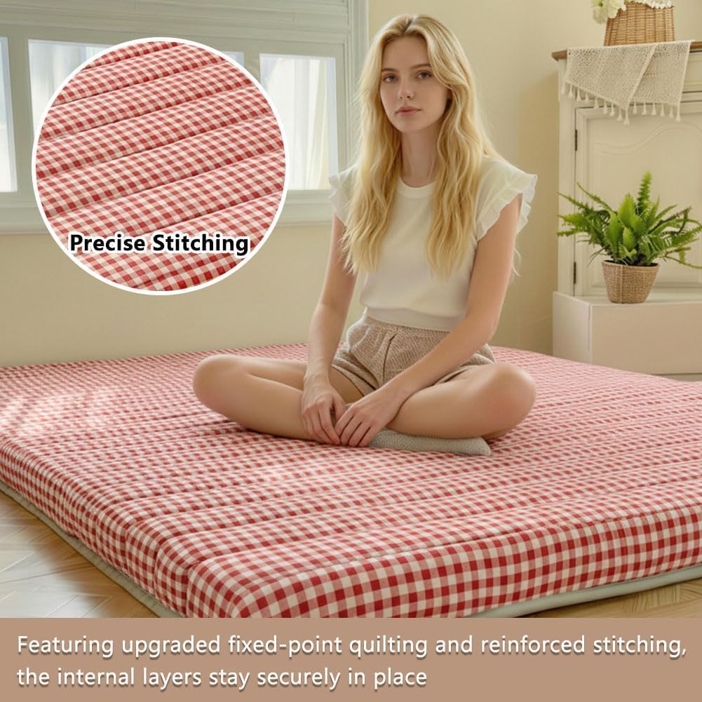 Red Gingham Japanese Floor Mattress, 39" x 80", 3.5" Thick