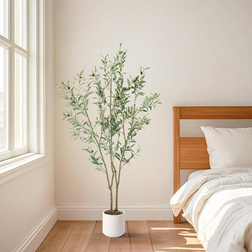 Fake Olive Tree 5FT Tall 1Pack with White Planter Decor