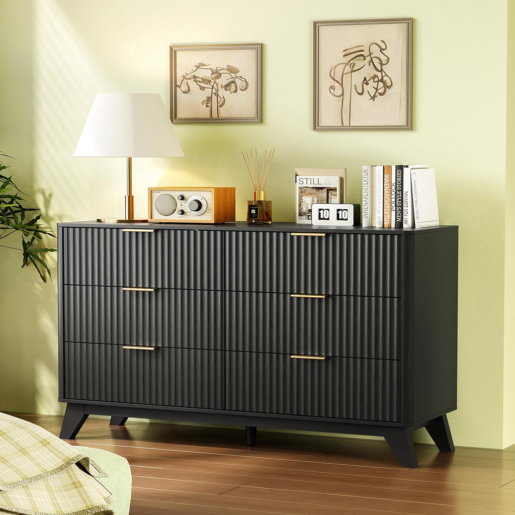 Black Fluted 6 Drawer Dresser with Rounded Edges, Black Modern Dresser, 46.8" W*15.5" D*31" H