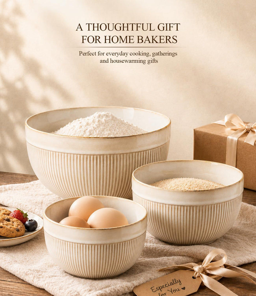 Ceramic Mixing Bowls Set of 3, Stoneware Nesting Serving Bowls | 45/90/150 oz For Prep, Baking, Serving, Gift