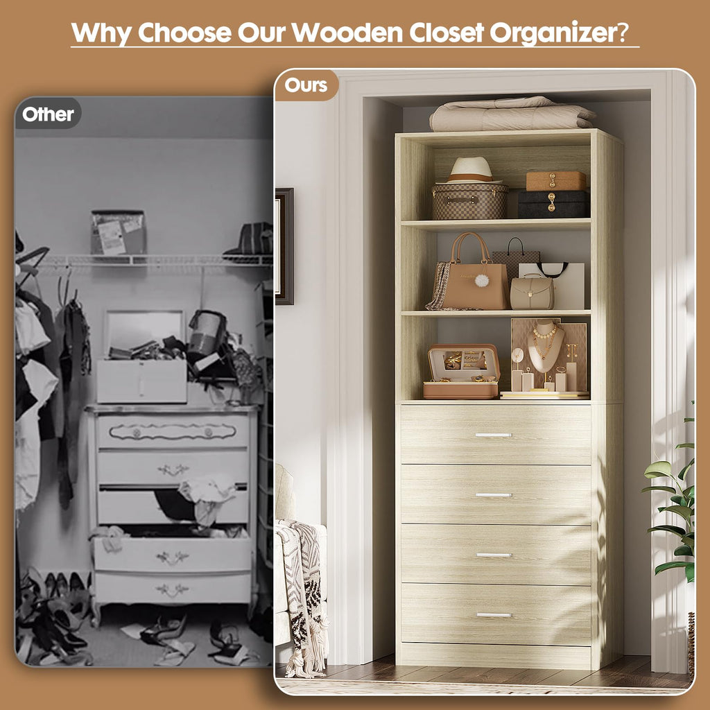 Closet Drawer System, 21.3" Wood Closet Organizer System,White Oak