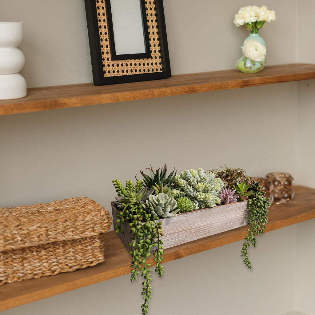 15" Artificial Succulents Plants Arrangement Fake Succulent Plants in Whitewashed Rectangular Wooden Planter Box Faux