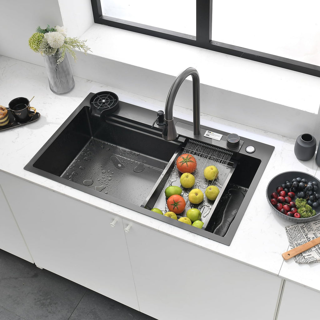 Waterfall 30 Inch Drop-in Single Bowl Stainless Steel Multifunctional with 2-in-1 Faucet and Accessories (30"x18")