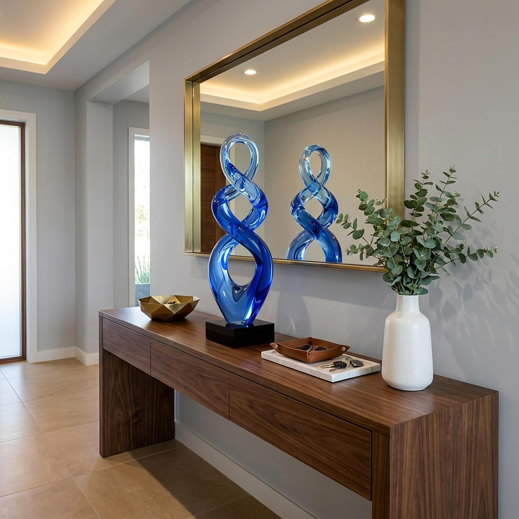 Hand Blown Murano Style Glass Sculpture - Abstract Twist Infinity Modern Glass Artwork, Blue Glass Decor, Entryway - Set of 50