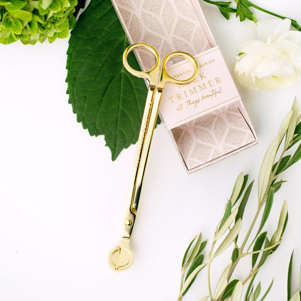Essential Luxuries Wick Trimmer, Golden Candle Accessory Embossed with "All Things Beautiful", Elegant Candle Wick