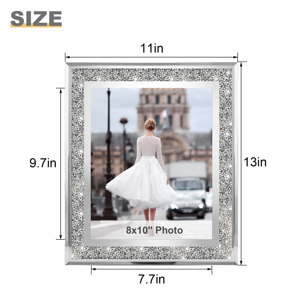 8x10 Picture Frame Glass Crushed Diamond Sparkle Photo Frames 2 Pack, Crystal Silver Mirror Frame Decor, Wedding Gift