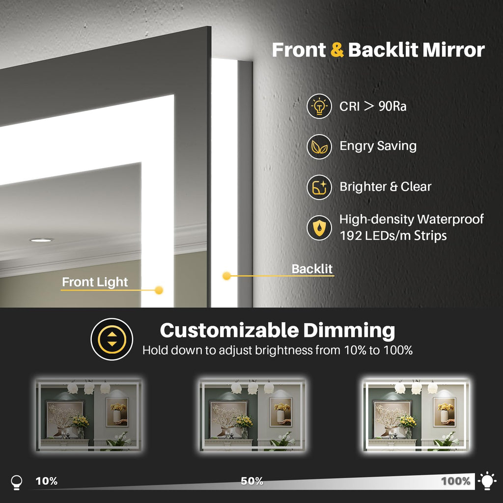 48x32 Inch LED Bathroom Mirror with Lights, Backlit & Front Lit