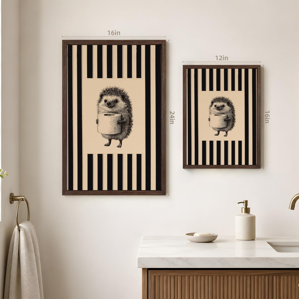 Funny Hedgehog Bathroom Wall Art, Cute Hedgehog Holding Toilet Paper Decor, Beige and Black Stripe Restroom Poster