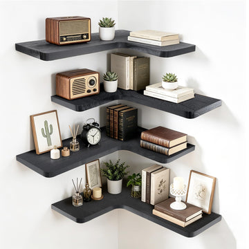 Solid Wood Corner Floating Shelves, L-Shaped, Black, Set of 4