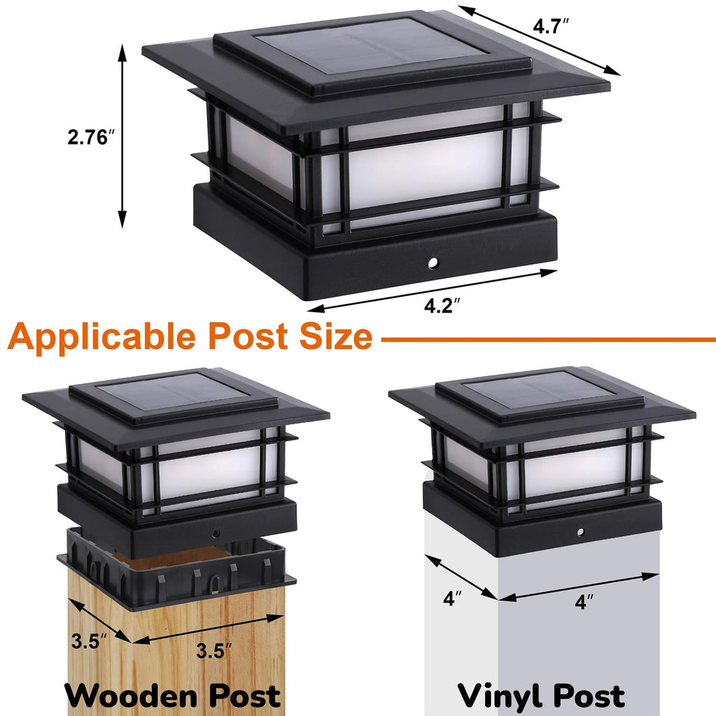 4x4 Solar Post Cap Lights Outdoor with 2 Color Modes, 2 Pack Fence Post Solar Lights Black Shell Fit for Vinyl/Wooden
