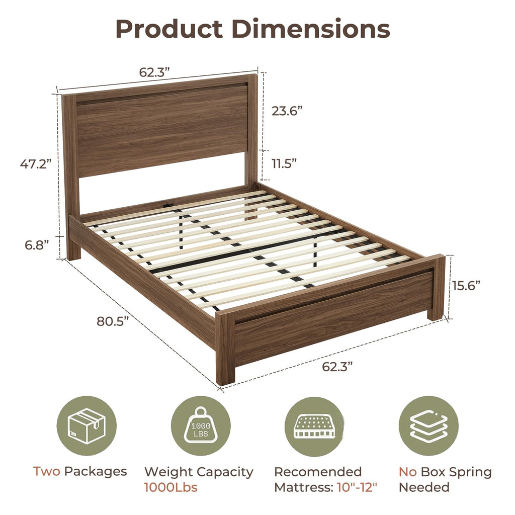 Bed Frame with Headboard, Modern Farmhouse -Size Bedframe with Wood Slat Support, Sturdy Simple Wood Bed