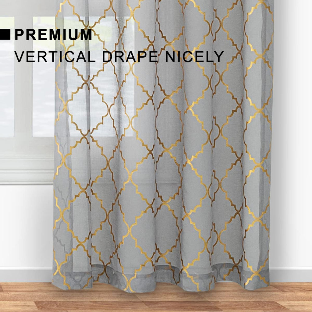 Grey Sheer Curtains with Gold Moroccan Tile 52x84 Inch 2 Panels