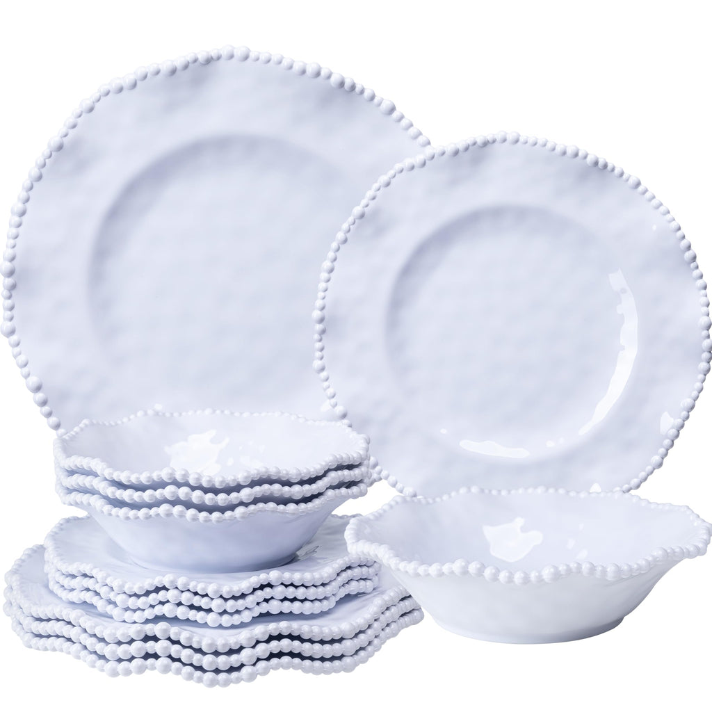 White Beaded Melamine Dinnerware Set, 18 piece Plates and Bowl Set