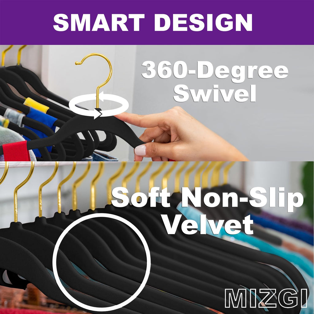 Black Velvet Hangers, Premium Gold Finish, Non-Slip Felt, Heavy Duty, Durable Suit Hangers, Space Saving - 60 Pack
