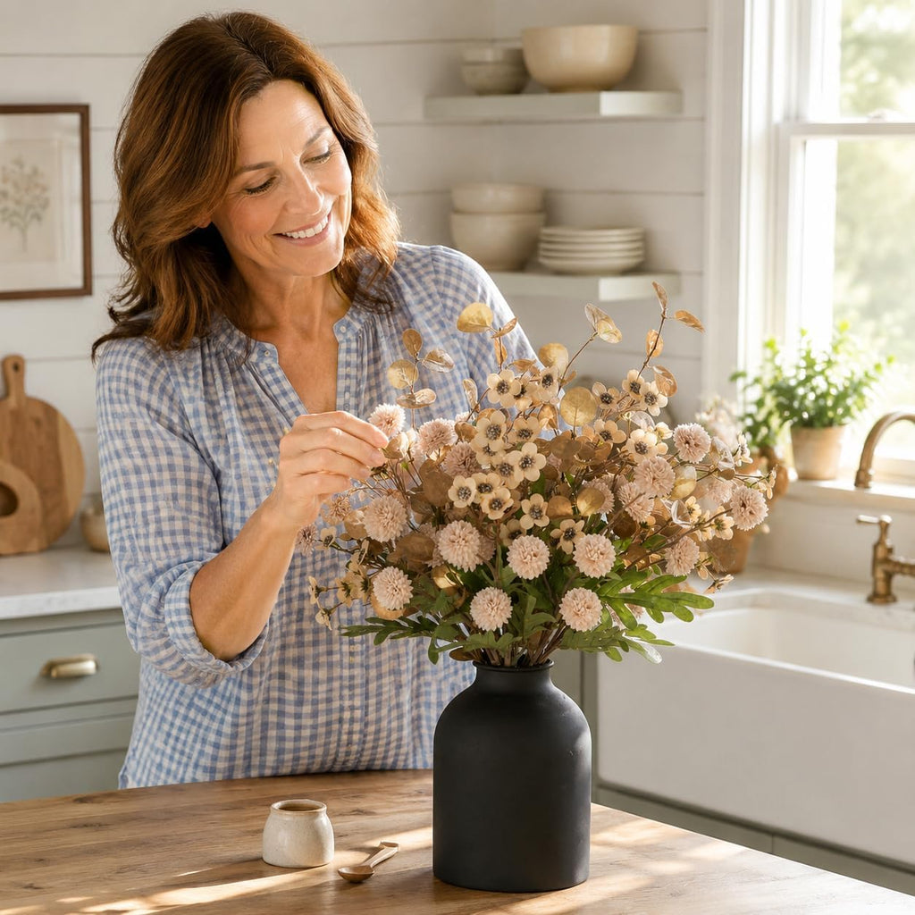 Beige Faux Flowers in Vase for Dining Table Centerpiece Decor