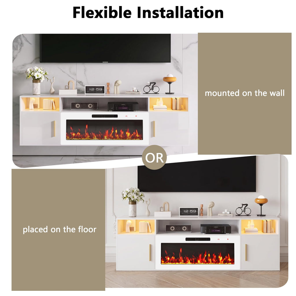 70'' Floating TV Stand with 36" Fireplace, Wall Mounted Entertainment Center with Storage Cabinet and 20 Colors LED