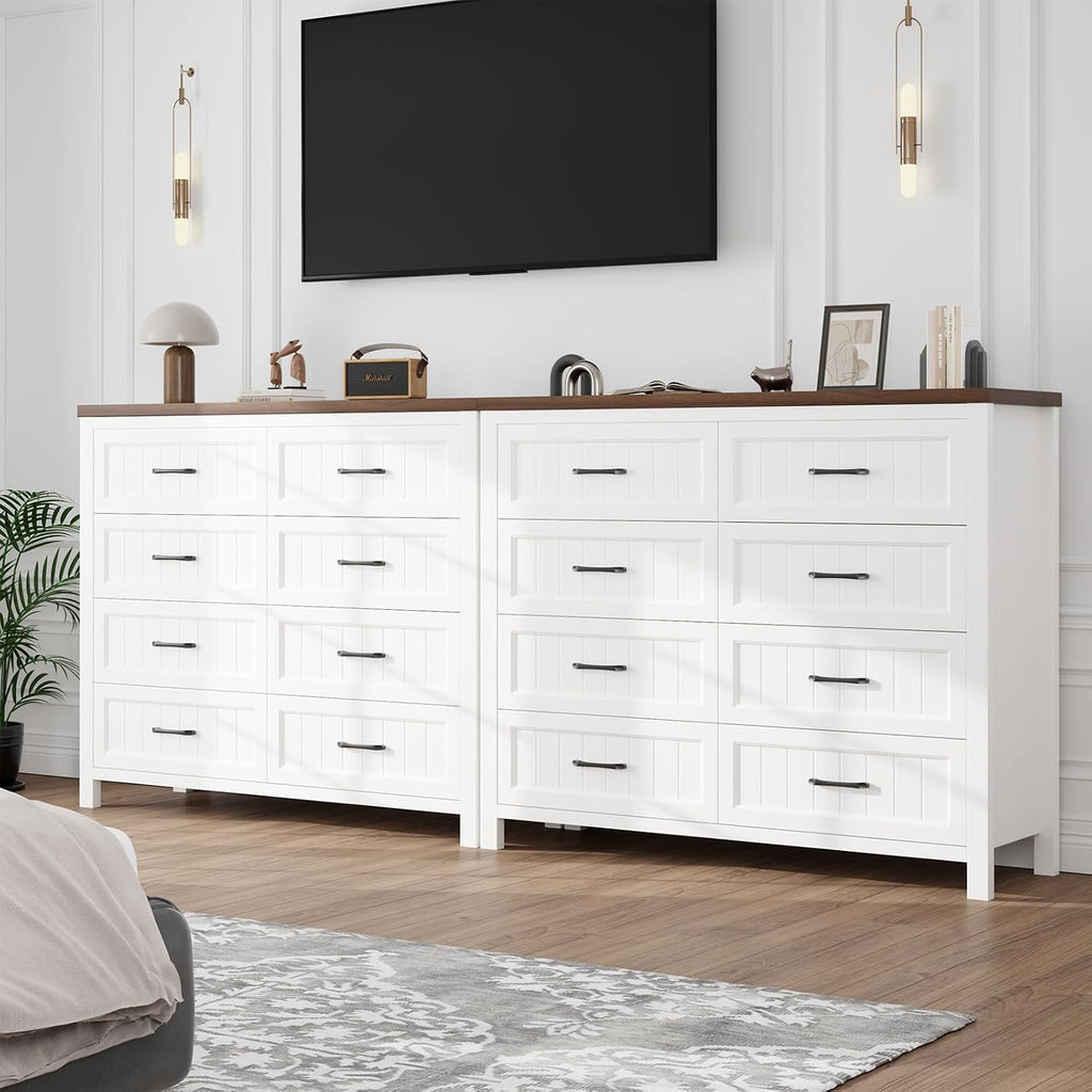 Farmhouse Dresser 8 Drawer Dresser , Large Wooden Dressers Double Grey Dresser with Deep Drawers Dressers (White and